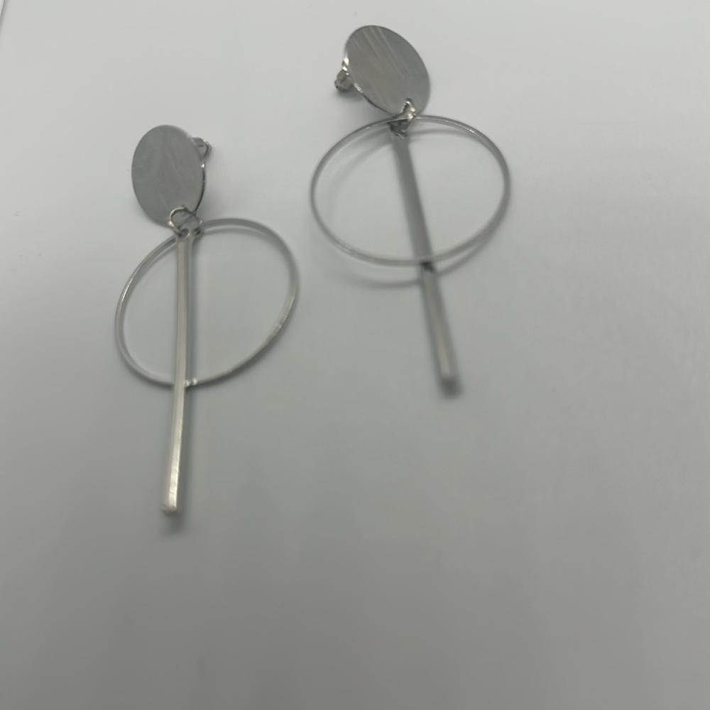 New! Modern Geometric Silver Dangle Earrings - Circle Bar Statement Jewelry — image 5 of 8